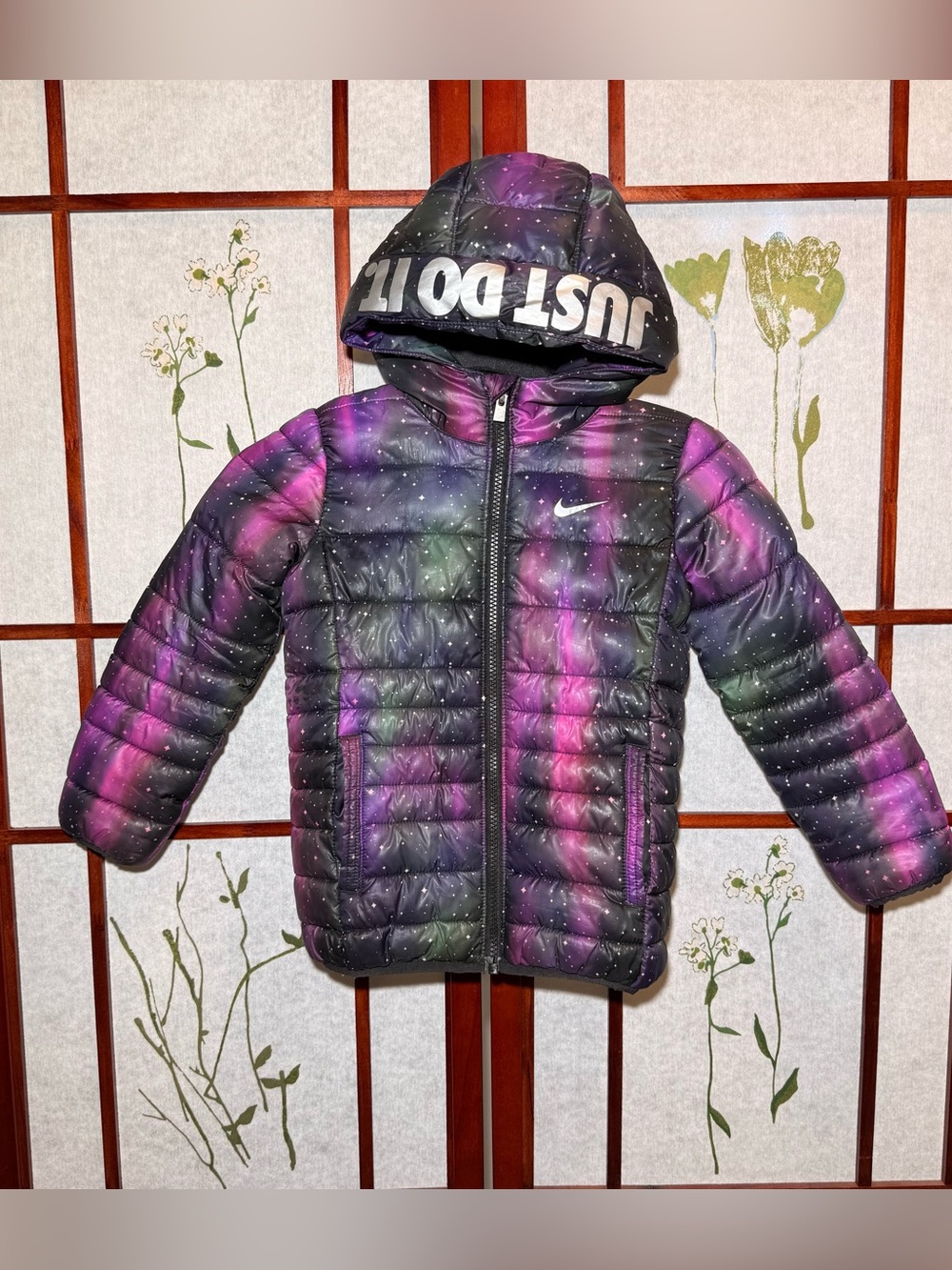 Nike Kids Full-Zip Just Do It Puffer Jacket galaxy print black/pink size 4T